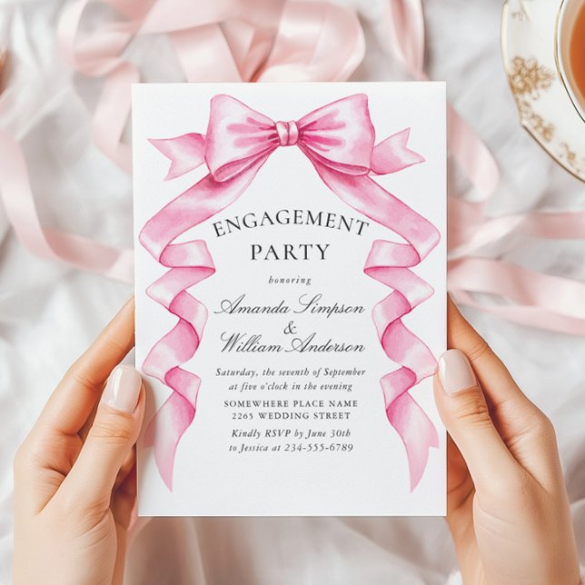 Elegant Gentle Pink Bow Ribbon ENGAGEMENT PARTY Invitation (Creator Uploaded)