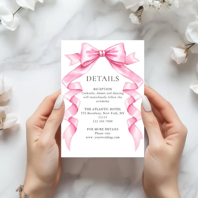 Elegant Gentle Pink Hand Drawn Bow Wedding Details Enclosure Card (Creator Uploaded)