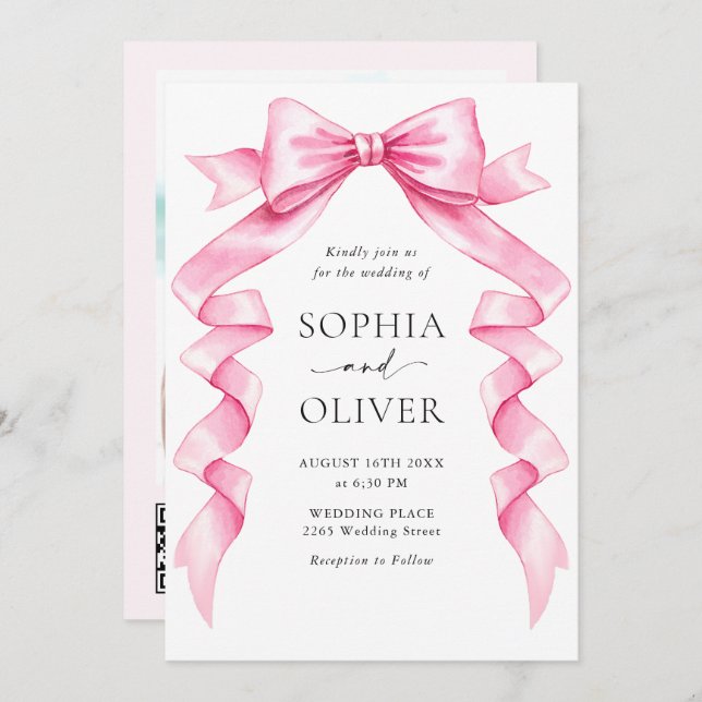 Elegant Gentle Pink Hand Drawn Bow Wedding Invitation (Front/Back)