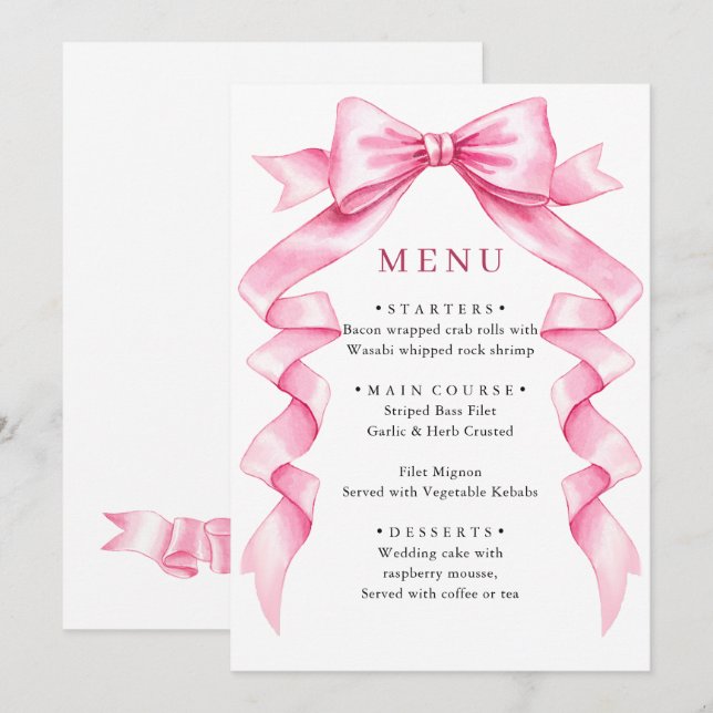 Elegant Gentle Pink Hand Drawn Bow Wedding Menu (Front/Back)