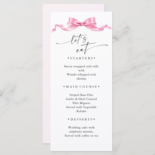 Elegant Gentle Pink Hand Drawn Bow Wedding Menu (Front/Back)