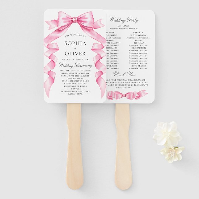 Elegant Gentle Pink Hand Drawn Bow Wedding Program Fan (Front and Back)