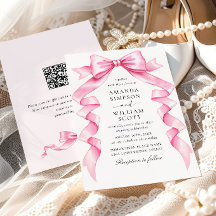 Elegant Gentle Pink Hand Drawn Bow Wedding QR code