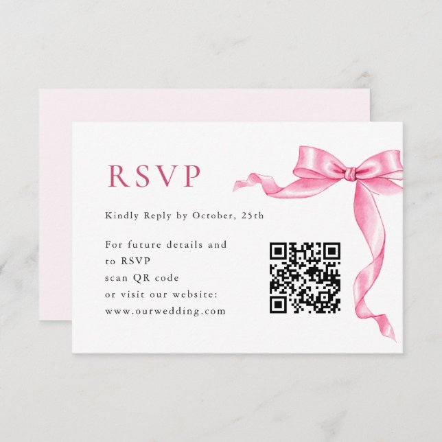 Elegant Gentle Pink Hand Drawn Bow Wedding QR Code RSVP Card (Front/Back)