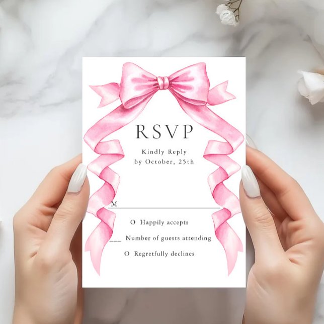 Elegant Gentle Pink Hand Drawn Bow Wedding RSVP Card (Creator Uploaded)