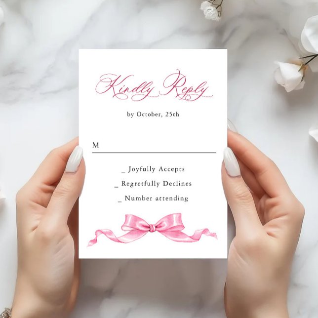 Elegant Gentle Pink Hand Drawn Bow Wedding RSVP Card (Creator Uploaded)
