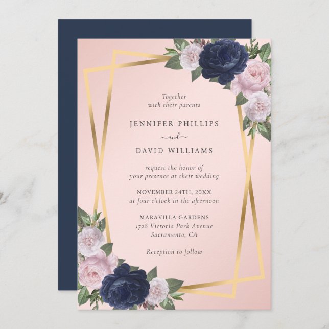 Elegant Geo Gold Navy Blue Blush Botanical Wedding Invitation (Front/Back)