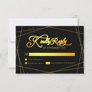Elegant Geometric Black and Gold  Wedding RSVP Card