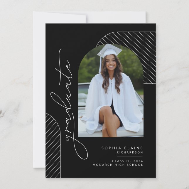Elegant Geometric Black White Graduation Announcement (Front)