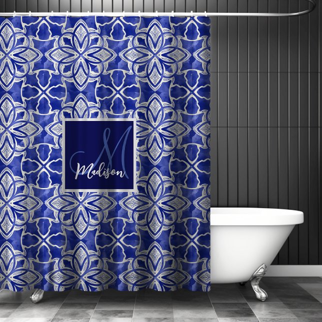 Elegant Geometric Blue Grey Initial Monogram Shower Curtain (Creator Uploaded)