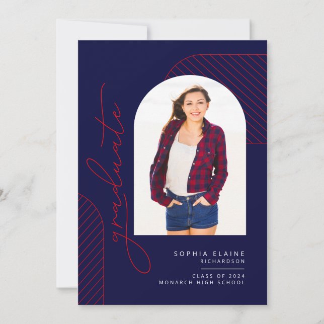 Elegant Geometric Blue Red White Graduation Announcement (Front)