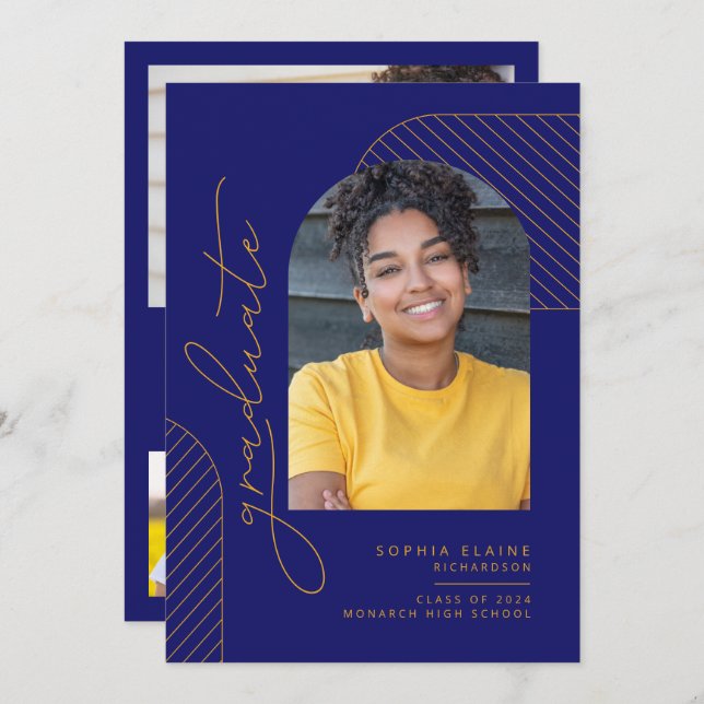 Elegant Geometric Blue Yellow Gold Graduation Announcement (Front/Back)