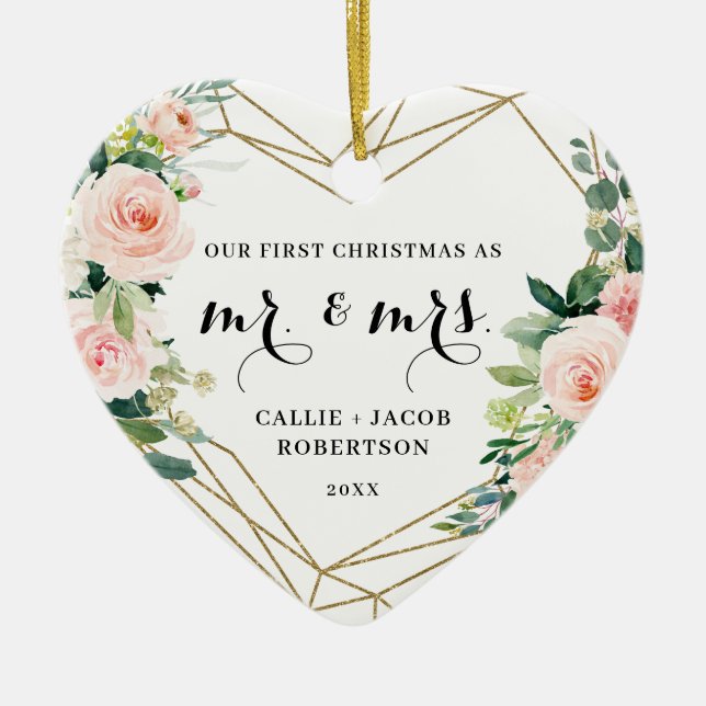 Elegant Geometric Blush Floral First Christmas Ceramic Tree Decoration (Front)