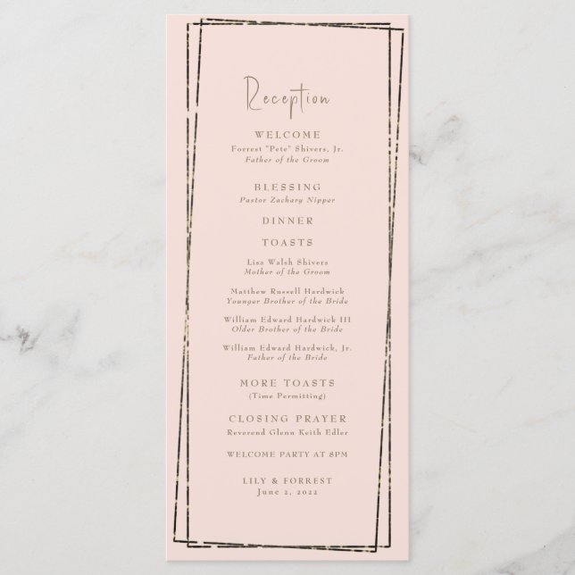 Elegant Geometric Blush Reception Wedding Program Menu (Front)