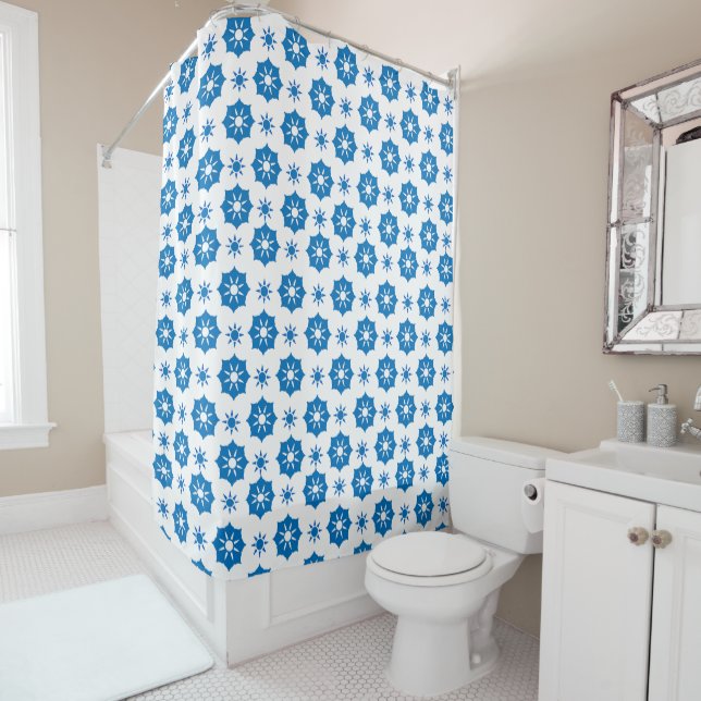 Elegant Geometric Floral Blue And White Pattern Shower Curtain (In Situ)