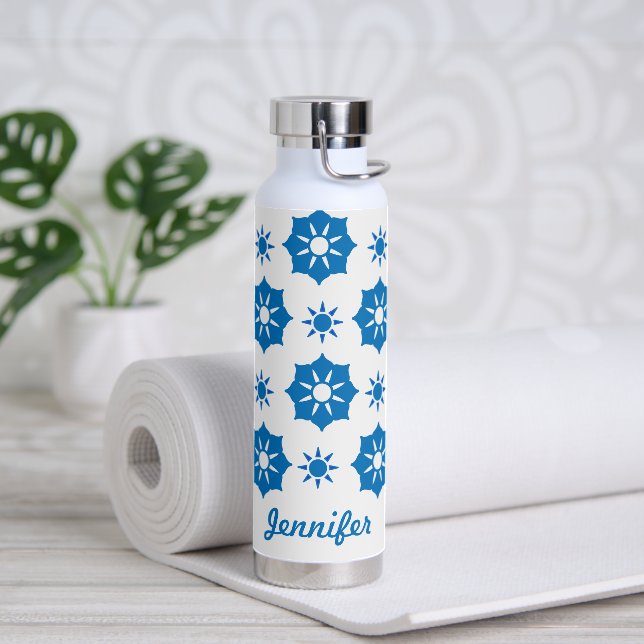 Elegant Geometric Floral Blue And White Pattern Water Bottle (Yoga)
