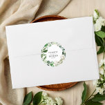 Elegant Geometric Floral Greenery Wedding Classic Round Sticker<br><div class="desc">Get ready to be captivated by our stunning gold greenery wedding suite! This exquisite design features an elegant geometric frame beautifully decorated with delicate greenery leaves and floral illustrations. With its modern, chic calligraphy, it's the ideal touch for your enchanting garden-themed wedding. If you have any special requests or need...</div>