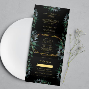 Elegant Geometric frame Black photo Wedding Tri-Fold Invitation
