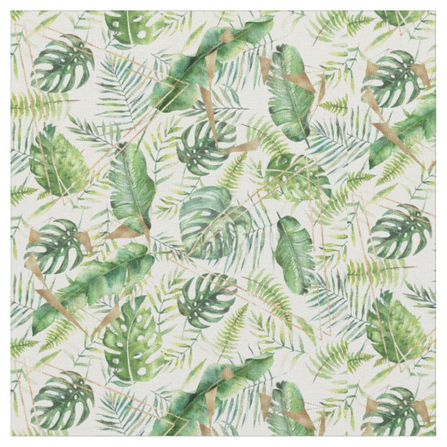 Elegant Geometric Gold Exotic Tropical Greenery Fabric (Close Up)