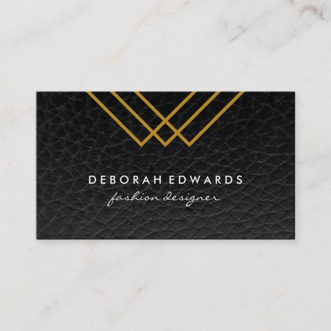 Elegant Geometric Gold Lines Simple Leather Business Card (Front)