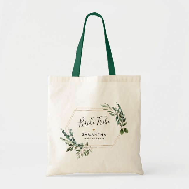 Elegant Geometric Greenery Leaves Bridal Party Tote Bag (Front)