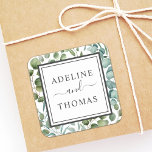 Elegant Geometric Greenery Wedding Monogram Square Sticker<br><div class="desc">Elegant wedding favour stickers are designed with modern organic style, combining a geometric square frame with botanical green foliage and beautiful typography. The watercolor greenery design includes eucalyptus, leaves, and silver dollar eucalyptus branches in soft verdant shades of mint, green, olive, and muted blue green. Perfect for a spring or...</div>