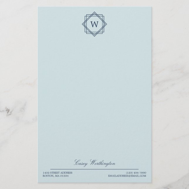 Elegant Geometric Navy Blue Monogram & Name Stationery (Front)