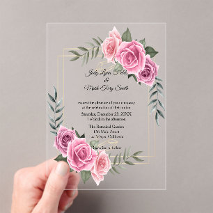 Elegant Geometric Pink Rose Wedding Acrylic Invitations