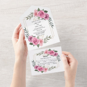 Elegant Geometric Pink Rose Wedding All In One Invitation