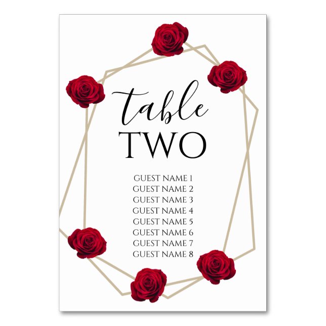 Elegant Geometric Red Rose Wedding Guest Names Table Number (Front)
