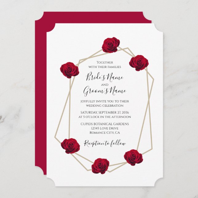 Elegant Geometric Red Rose Wedding Invitations (Front/Back)