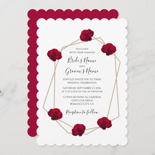 Elegant Geometric Red Rose Wedding Invitations (Front/Back)