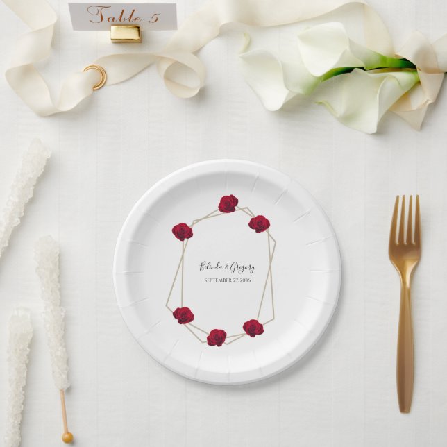 Elegant Geometric Red Rose Wedding  Paper Plate (Wedding)