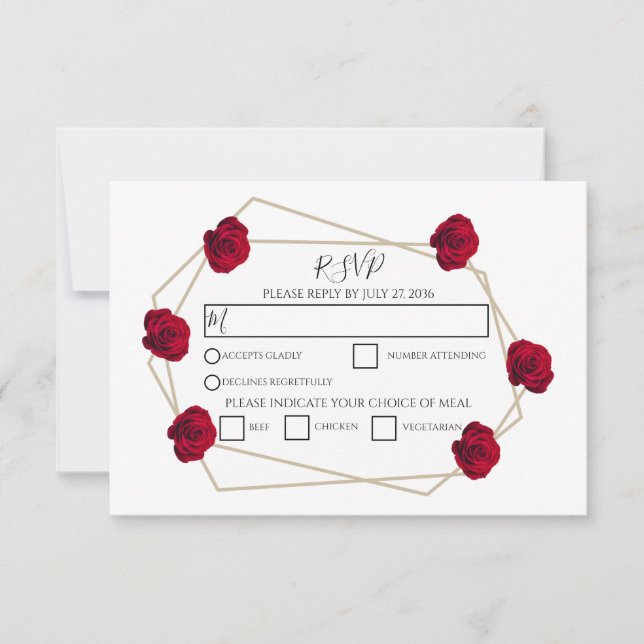 Elegant Geometric Red Rose Wedding RSVP Cards (Front)