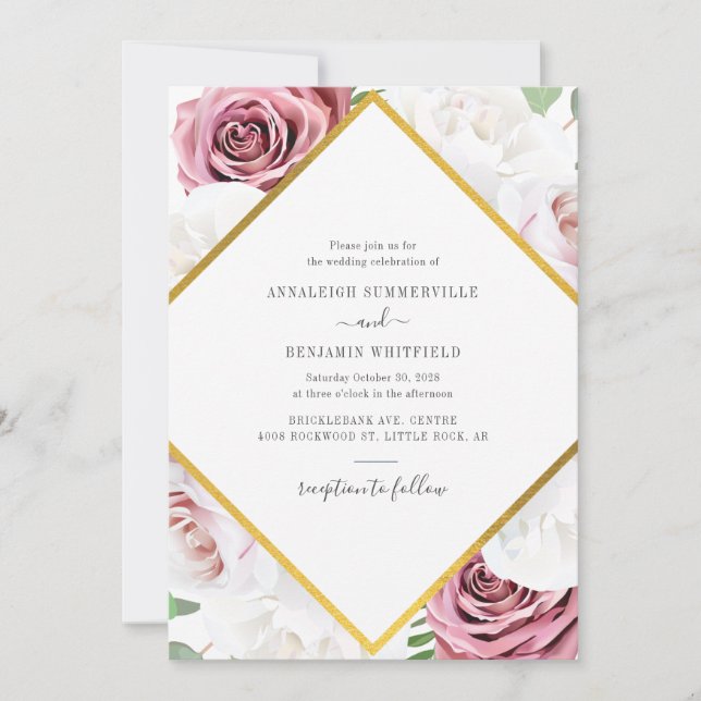 Elegant Geometric Rose Gold Botanical Wedding Invitation (Front)