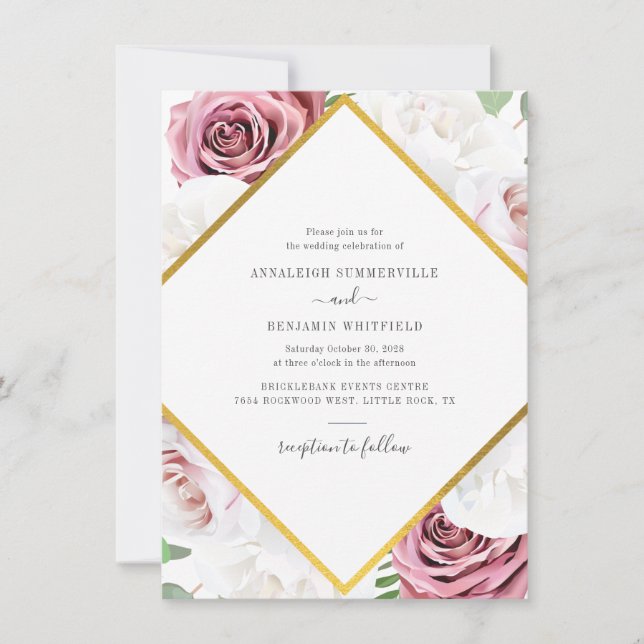 Elegant Geometric Rose Gold Floral Wedding Invitation (Front)
