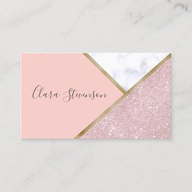 Elegant geometric rose gold glitter white marble business card (Front)