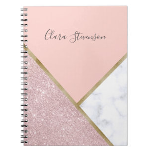 Elegant geometric rose gold glitter white marble notebook