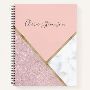 Elegant geometric rose gold glitter white marble notebook