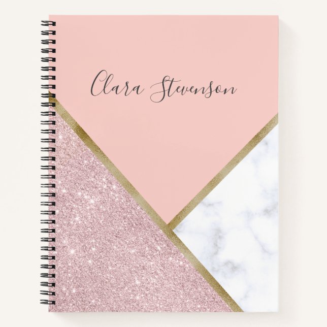 Elegant geometric rose gold glitter white marble notebook (Front)