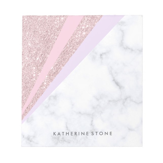 Elegant geometric rose gold glitter white marble notepad (Front)