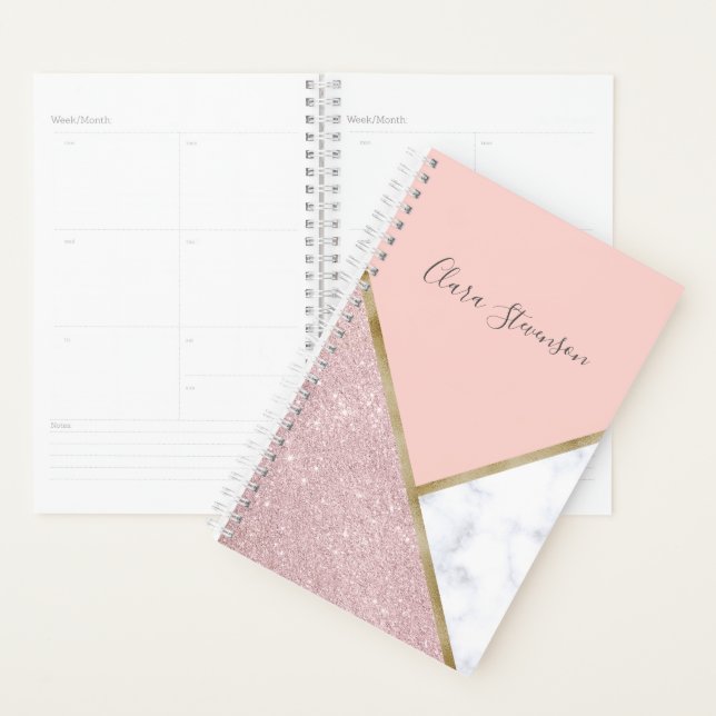 Elegant geometric rose gold glitter white marble planner (Display)