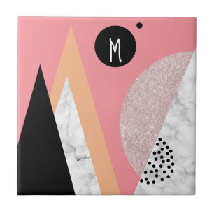 Elegant geometric rose gold glitter white marble tile