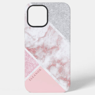 Elegant geometric silver rose gold glitter marble iPhone 12 pro max case