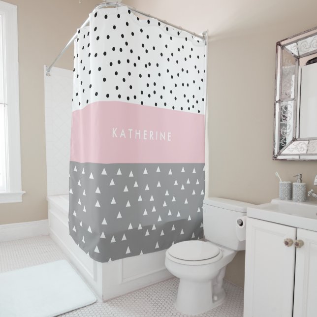 Elegant geometric triangles & dots in grey & pink shower curtain (In Situ)
