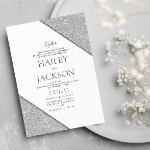 Elegant geometric white silver glitter wedding invitation