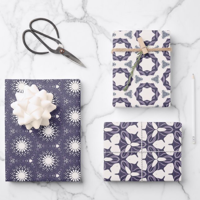Elegant Geometry: Minimalist Floral Tile Deep Plum Wrapping Paper Sheet (Front)