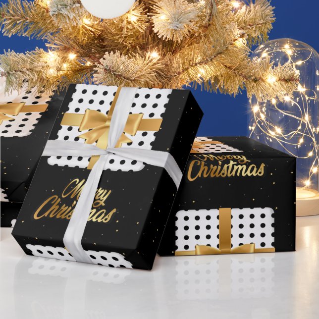 Elegant Gift with Golden Ribbon and Polka Dots  Wrapping Paper (Holidays)