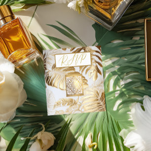 Elegant Gilded Gold Monstera Wedding QR Code RSVP  Enclosure Card