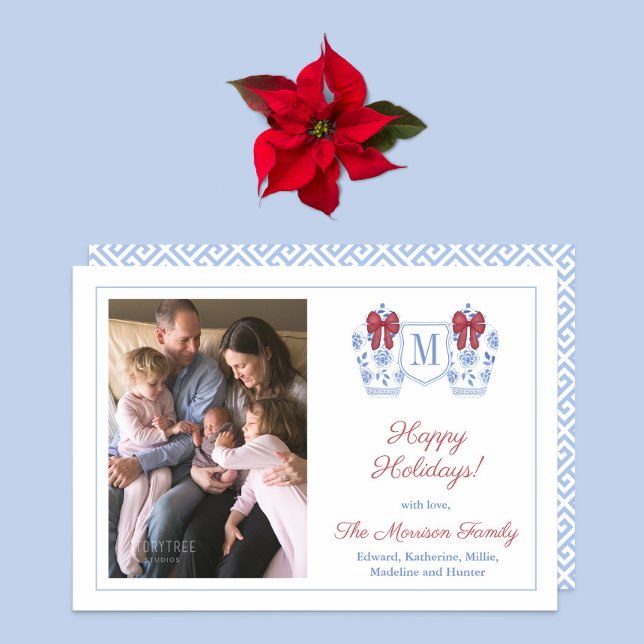 Elegant Ginger Jar Happy Holidays Family Picture Holiday Card (Preppy ginger jar with festive red bow family photo holidays card)